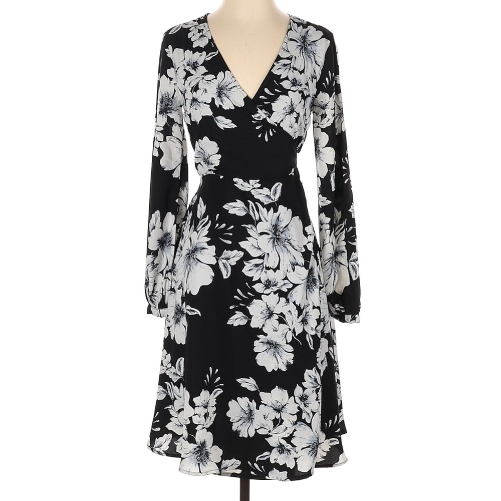 lulus black and white floral print wrap midi dress